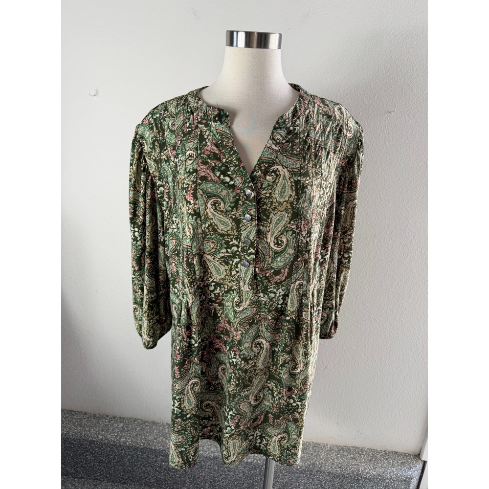 Cocomo Womens Plus 2X Green Paisley Pintuck Tunic Blouse 3/4 Puff Sleeve Boho